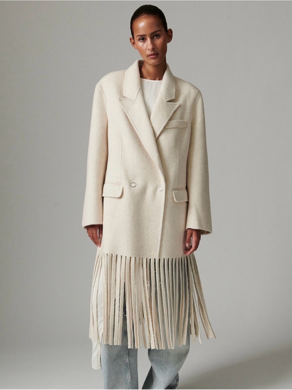 Fringed Cream Double-Breasted Trench Wool Coat, Women's size S NWT